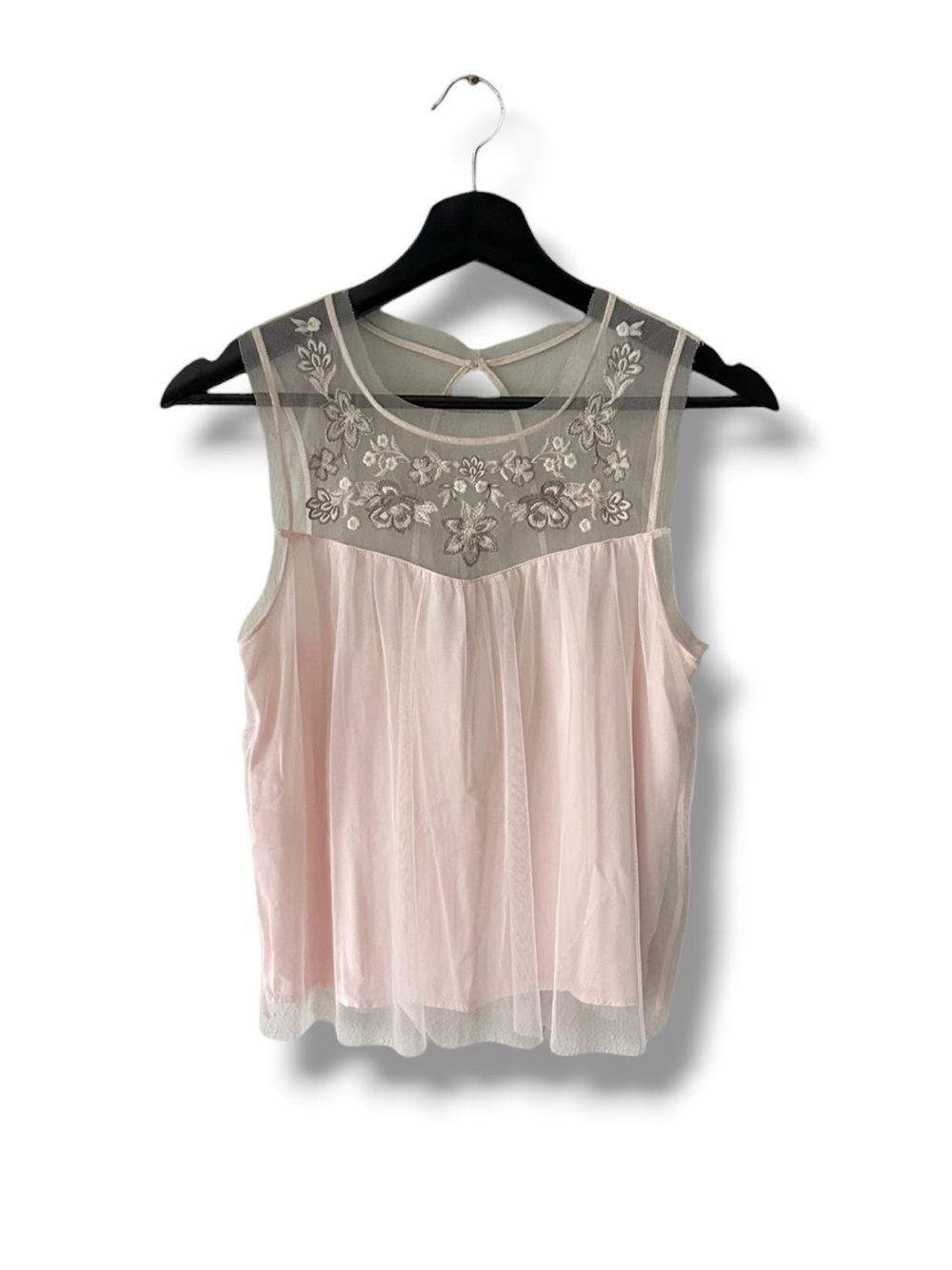 Hollister Embroiderered Flower Pink Mesh Babydoll Top XS Sheer Keyhole Back XS